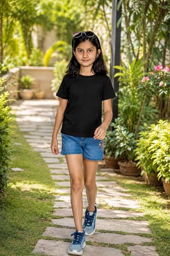 Image of ORATEES Kids T-Shirt Girls Plain Black Pure Cotton Bio Wash Regular Fit Round Neck Half Sleeve