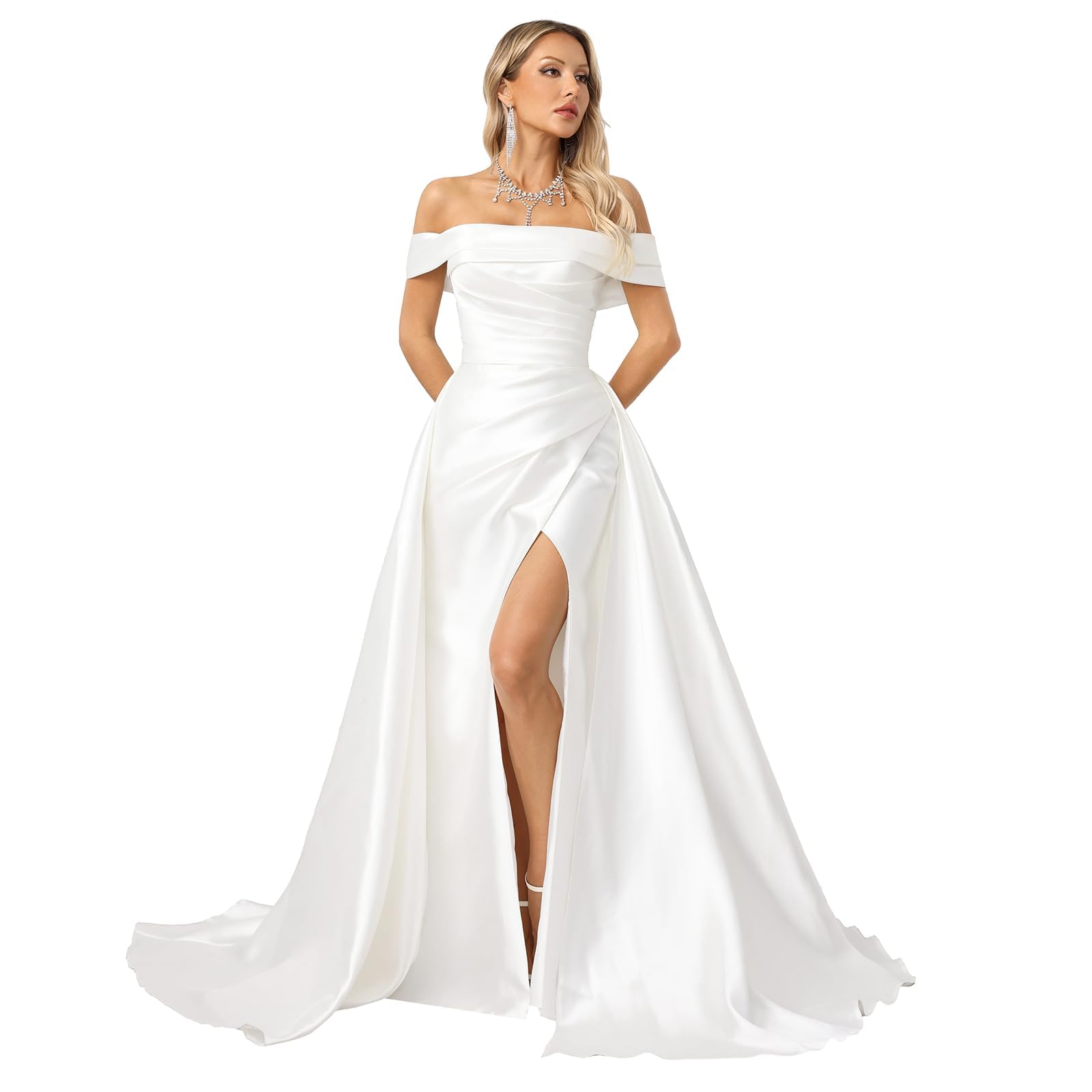 Photo 1 of ZHEXUDAI Sleeveless Long A-Line Satin Dress for Bride Pleated Bust Off Shoulder Bridal Gown Engagement & Wedding Guest High Slit Maxi Dress M White