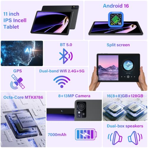 Image of 11 Inch-Android 16 Tablet 2026 Update 16GB RAM 128GB ROM 1TB Expandion 5G WiFi Cellular 21MP Dual Camera Octa-core MTK8786.Gemini AI 2.0.Tablets with Keyboard,Mouse,protective film,Case-Gray