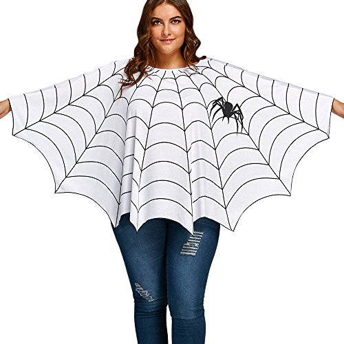 CHARMMA New Women's Plus Size Long Sleeve Spider Web Printed Poncho Top Blouse (White, One Size)