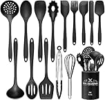 Wildone Silicone Kitchen Cooking Utensils Set, 15PCS Premium Spatula Set for Nonstick Cookware, Kitchen Tools Spatula Spoons Turner Brush Whisk, Heat Resistant (Black)