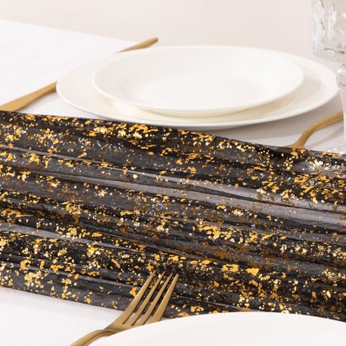 Image of MLMC 3Pcs Black Gold Table Runner Sheer Gauze Glitter Metallic Foil Tulle Table Centerpieces 120 Inch 10 FT for Wedding Anniversary Holiday Dining Home Party Table Decor