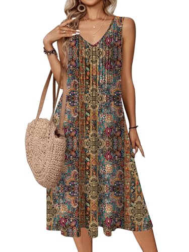 Image of Zeagoo Women Summer Casual Dresses 2026 Sleeveless Midi Pleated Tank Sundress with Pockets V Neck A Line Swing Tshirt Dress