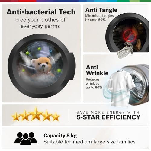 Image of Bosch 8 kg, 5 Star, Anti Stain & AI Active Water+ Fully Automatic Front Loading Washing Machine (WAJ28260IN, Steam with Anti-bacteria, In-Built Heater, White)