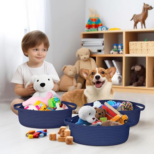 Image of Small Baskets for Gifts Empty, 13 inchx 9 inchx 5 inch Woven Gift Basket with Bag and Ribbon, Cotton Rope Kids Dog Cat Toy Bin Box, Cute Baby Nursery Organizer, Decorative Storage with Handles,Dark Blue