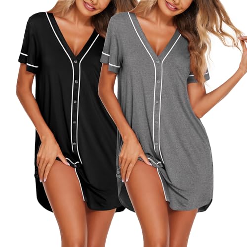 Image of Ekouaer Nightgowns for Women 2 Pack Button Down Sleep Shirts Short Sleeve Night Shirts V Neck Sleepwear Soft Pajama Dress