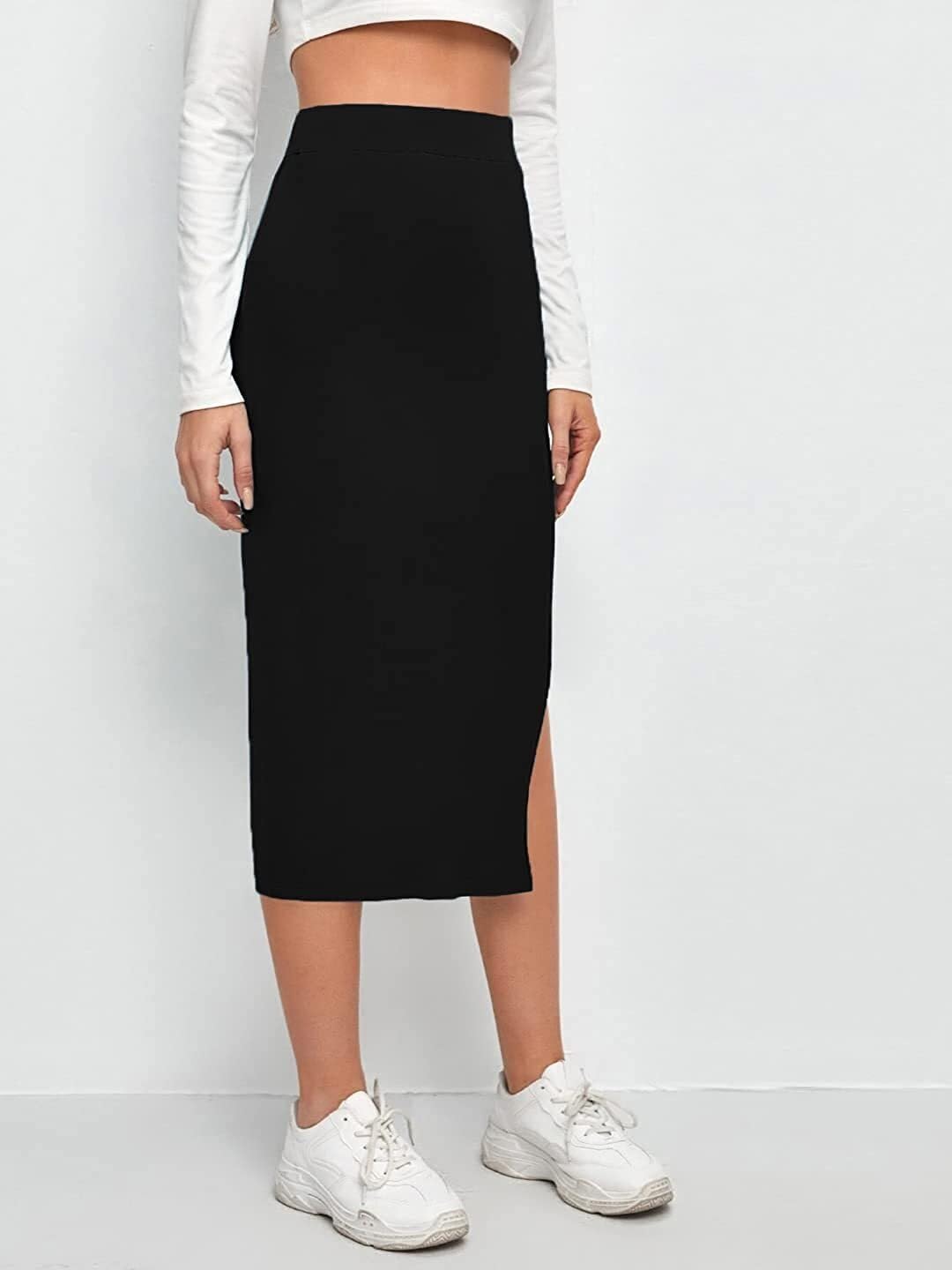 Women's Elastic Waist Pencil Bodycon Midi Skirt - High Waisted with Side Slit Below Knee Length Elegance for Women - Image 3