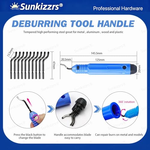 Image of Sunkizzrs Deburring Tool Kit with 10-Pcs Rotary Deburr Blades -Metal Cutter for Resin Art /Plastic /Aluminum -Hand Rotary Pipe Deburring Cutter -AC Tools with Anti-Slip Handle & Precision Edge