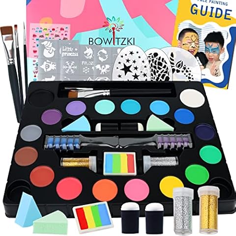 Bowitzki Face Paint kit-18 Colors, Split Cake Face Paint, Hair Chalks, Brushes, Sponges, Glitters, Gems, Reusable Stencils,Professional Non-Toxic Halloween Party Makeup Body & face Painting Cover