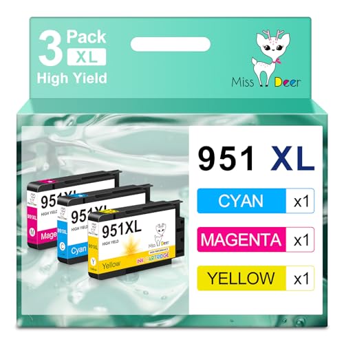 Image of Miss Deer 951 XL Color Ink Cartridges 3 Pack, Compatible for Hp 950 951 Ink Cartridges Combo Pack, Work for Officejet Pro 8610 8600 8620 8625 8100 Printers (Cyan,Magenta,Yellow)