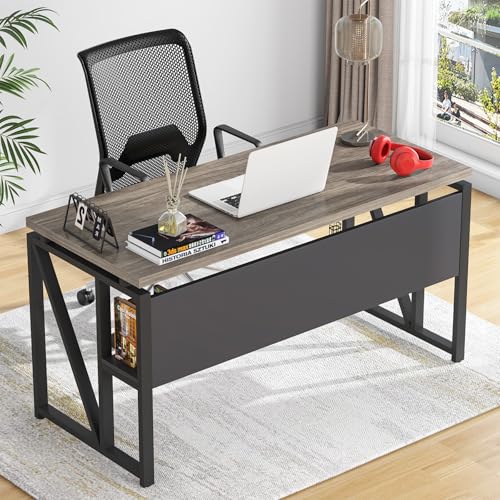 Image of Tribesigns Grey Executive Desk with Cabinet, 55 inch L Shaped Computer Desk and lateral File Cabinet with Locks, 2 Piece Home Office Furniture Set for Hanging