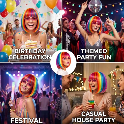 Image of Rainbow Wig, Short Bob Wigs with Heart Sunglasses Hair Cap for Women, Short Wigs for Halloween Costume, Daily Use and Special Events