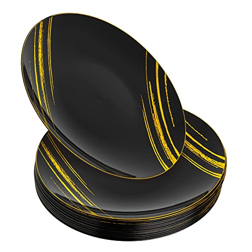 STACKABLES - Juego de 20 platos de plástico duro - Plato negro de unos 20 cm con diseño dorado - Platos de fiesta reutilizables ligeros - Juego de platos redondos de postre