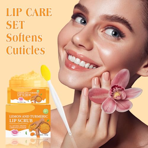 turmeric lemon lip scrub with brush lip scrubber exfoliator for dark lips dry chapped lips reduce fine lines natural nourish sugar lip scrub with aloe vera deep hydration moisturization 100g