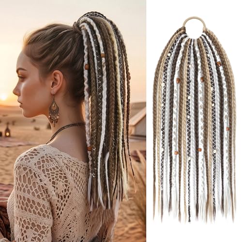 SEIKEA Boho Braided Ponytail Extension on Hair Tie 16 Full Volume Lightweight Viking Dreadlock Ponytail Braid in Dreadlock Extensions with Beads and Shells Festival Hair Accessories for Women Girls