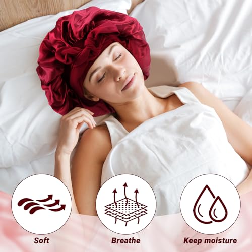 Uryxery Bonnet Satin Cheveux Nuit Rouge 42 cm, avec Lien Ajustable 58 cm, Grande Taille pour Cheveux Longs, Bouclés, Épais Ou Tressés, Élégant Et Confortable – vue 3