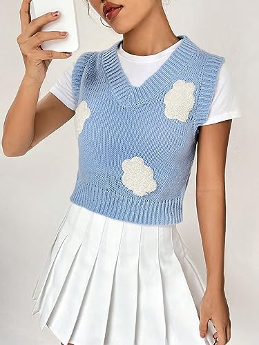 WDIRARA Women's Cloud Patched V Neck Sleeveless Sweater Vest Rib Knit Pullovers3