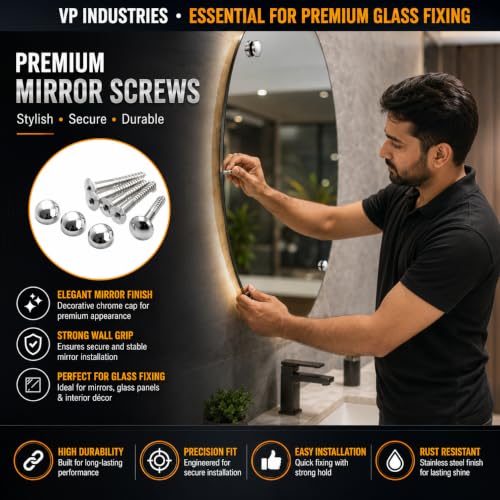 Image of Rely⇒VP INDUSTRIES (Pcs-25) No.8x50 mm Mirror Screw Self-Tapping with Button - 12mm Brass Nickel Round Dome Cap, Decorative Screw for Glass, Mirrors, Cabinets, Display Panels & Advertising Boards