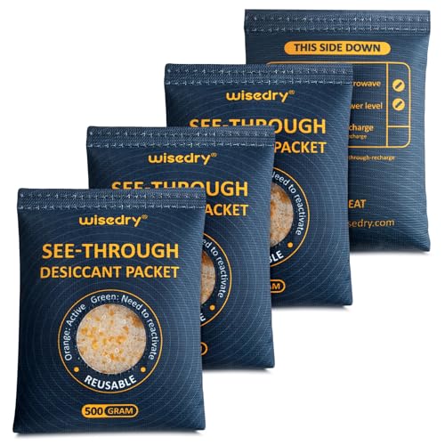 Image of wisedry 4 x 500 Gram See-Through Silica Gel Packets, Color-Indicating Desiccant Packs for Storage, Reusable Safe Dehumidifier, Heat Resistant Dehumidifier Bags
