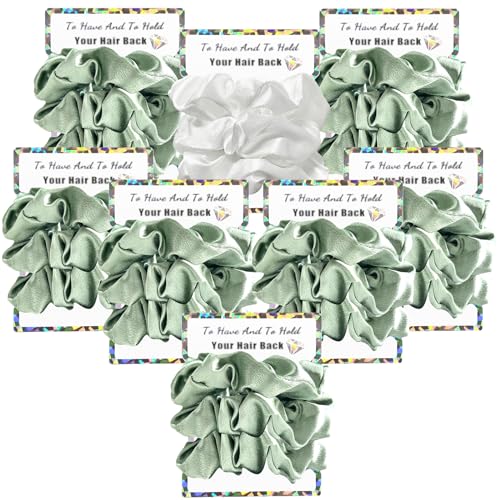 Banugo Bridesmaid Scrunchies, Bachelorette Party Favors, 24Pcs Satin Hair Ties for Women (Sage Green & White)