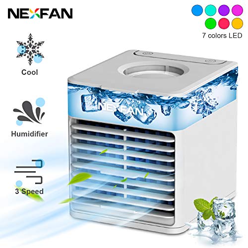GESUNDHOME NexFan enfriador de aire acondicionado, mini ventilador portátil 3 en 1, humidificador con 7 colores de luz LED, ventilador de refrigeración de escritorio de 3 velocidades