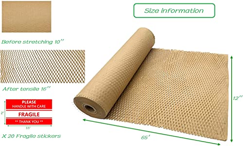 Honeycomb Packing Paper For Moving, Anteqi 12"X65' Recyclable Cushioning Honeycomb Paper Wrap Roll For Shipping Fragile Items With 20 Fragile Stickers 32 Feet Jute Twine & Scissors #TOP3