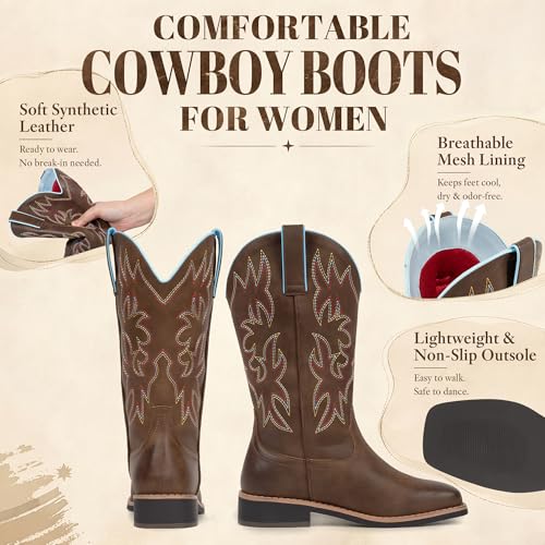 Image of SheSole Women's Wide Calf Cowgirl Boots Square Toe - Wide Width Cowboy Boots for Wide Feet & Thick Calves, Comfortable Western Boots for Daily Work, Rodeo & Country Concert