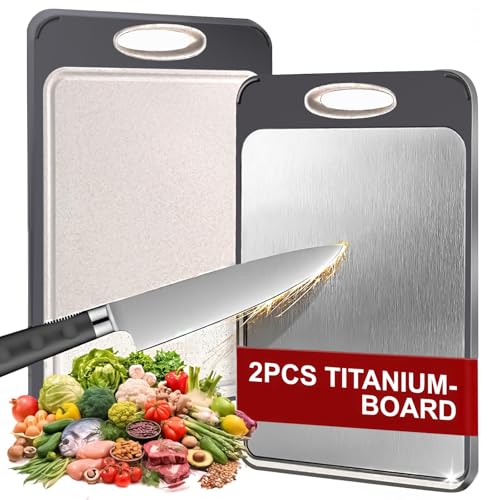 Titan Schneidebrett, 2 Stück Titanium Cutting Board, Lebensmittel Grade, Reisschalen-Faser, Rutschfeste Füße, Schneidebrett für Fleisch, Obst