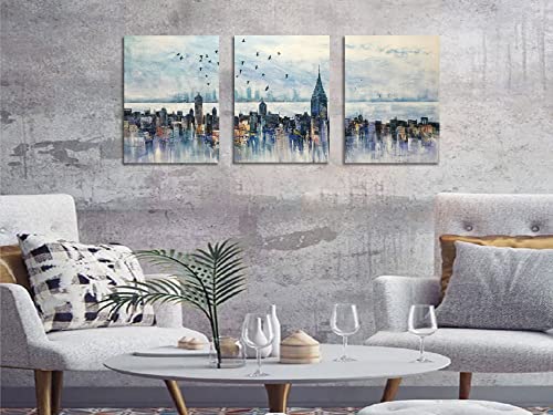 Arjun Cityscape Wall Art New York Skyline Buildings Picture Modern Abstract Grey Manhattan City View Birds Sky Painting Framed Artwork For Bedroom Living Room Bathroom Home Office Wall Decor 12"X16"X3 #TOP4