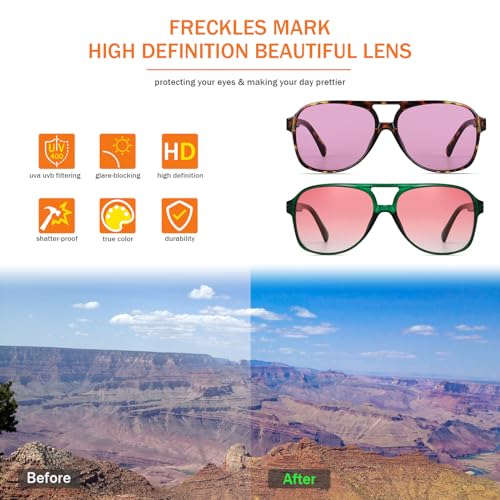 Freckles Mark Vintage Retro 70s Sunglasses for Women Men Classic Large Square Aviator Trendy Glasses