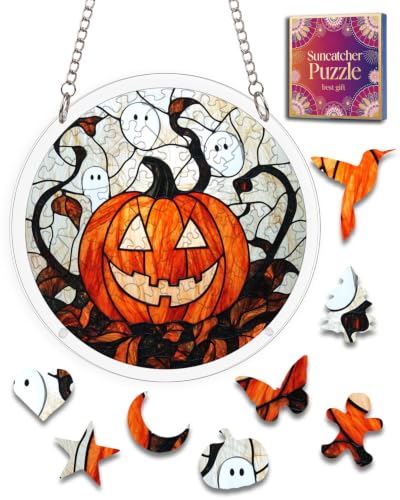 Image of Acrylic Jigsaw Puzzle Suncatcher Ghost Pumpkin Adult Puzzles Gifts 9.8 inch