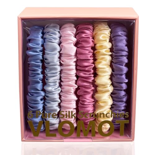 VLOMOT 6 Pcs Set 100% Pure Mulberry Silk Hair Scrunchies Hair Ties with 6 Chic Colors Everyday Skinny Scrunchies Silk Ponytail Holders Hair Care No Damage (Pastel)