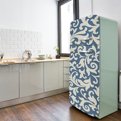 Sticker réfrigérateur et lave vaisselle, Design baroque motif blanc sur fond bleu, 180 cm X 59,5 cm