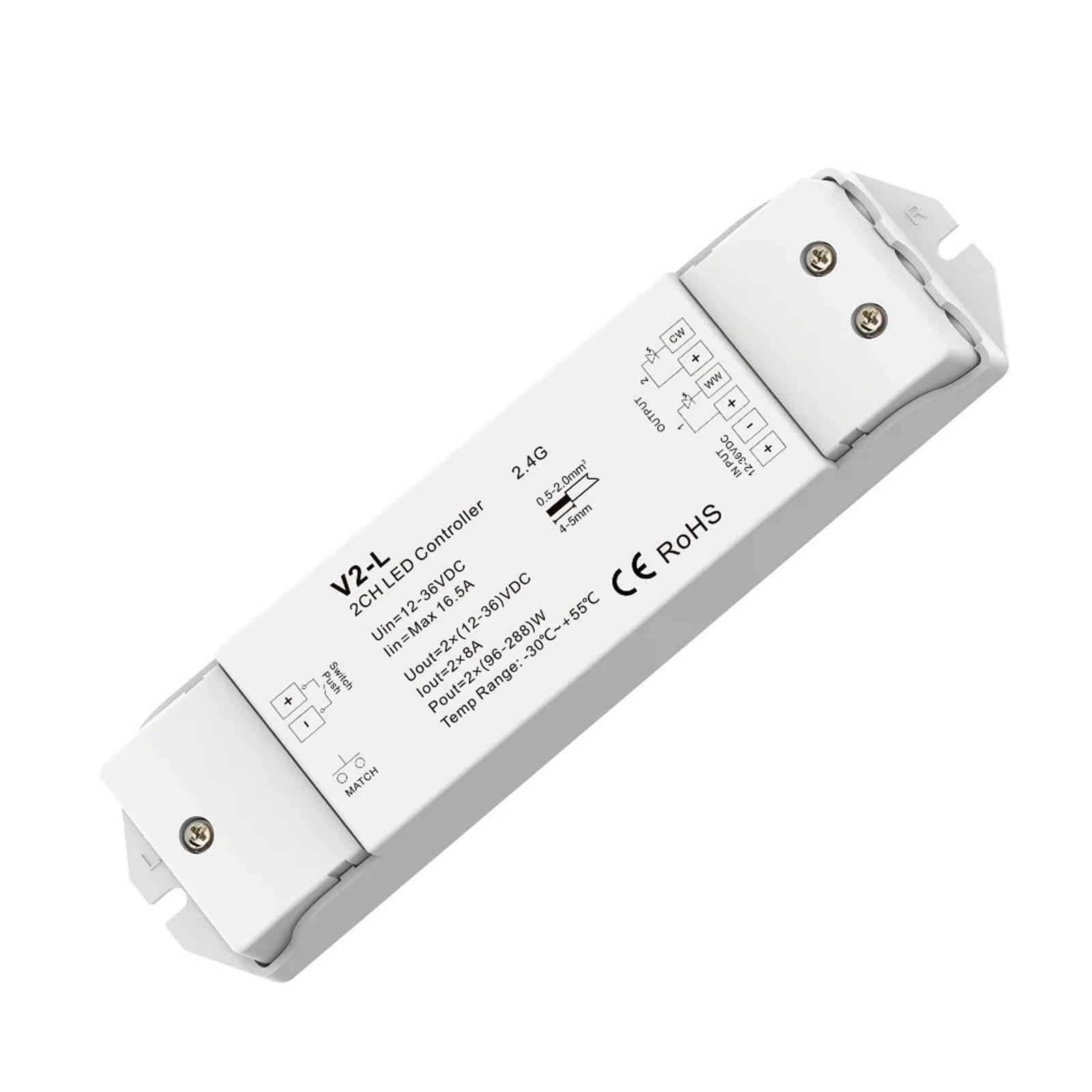Controlador LED V2-L 12V 24V 36V para tira monocromo y CCT de 2 canales con 2,4G