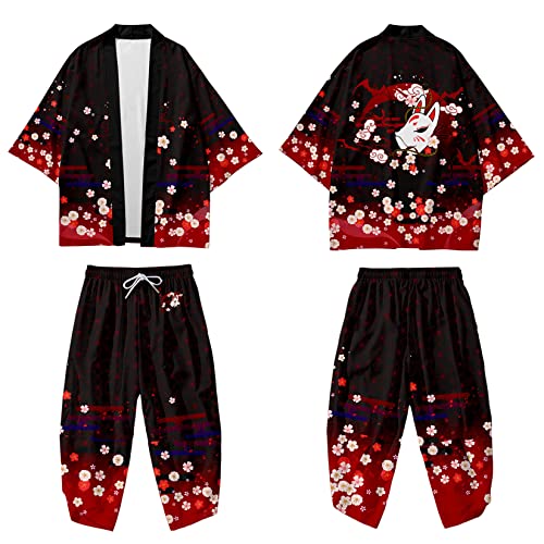 Image of DOSLAVIDA Men's Japanese Kimono Jacket Set Stylish Open Front Coat With Shorts Chinese Style Printed Cardigan Suit