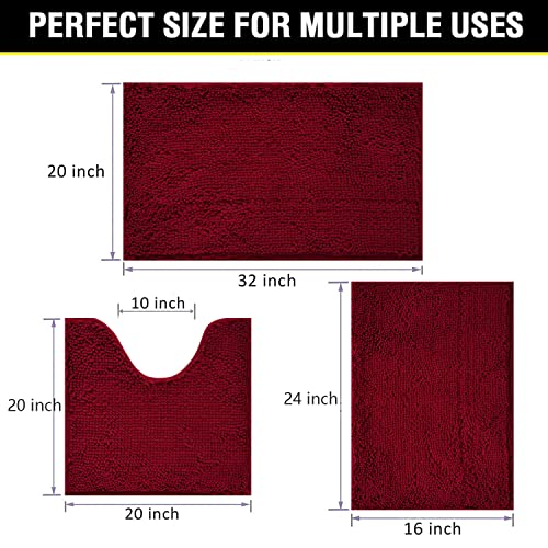 Image of Bathroom Rugs Chenille 3-Piece Extra Soft and Absorbent Shag Bathroom Rugs, Machine Wash Mat, Strong PVC Non-Slip Underside, Plush Carpet Mats (Burgundy)