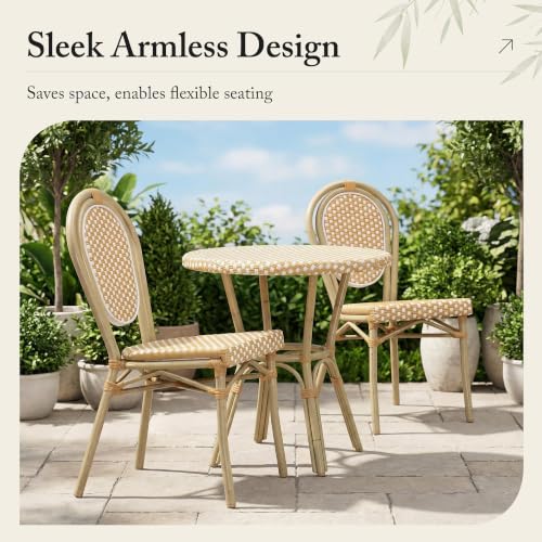 Image of PURPLE LEAF Patio Dining Chair Set of 1 Champagne Finish Amber White | French Weave Timeless Appeal, Two-Tone Weave Refined Style, PE Rattan Easy Outdoor Care, Coated Aluminum Lasting Use, Armless