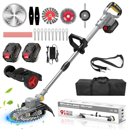 2025 Upgrade Akku Rasentrimmer, Freischneider Akku, Rasentrimmer akku Kompatibel mit Makita, freischneider mit unkrautbürste (Enthalten:750W Bürstenloser Motor,2X4.0Ah Akku,6 Klingentypen,Rucksack)