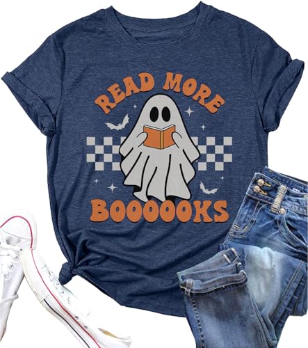 Teacher Halloween Shirt Women Read More Books T-Shirt Spooky Teacher Ghost Tees Short Sleeve Halloween Party Tops (XL Blue)