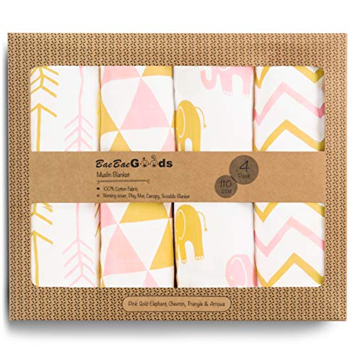 Image of Muslin Swaddle Blankets – Soft Pure Cotton Muslin Blankets – 4 Pack of Breathable Swaddle Blankets – Unisex Baby Swaddle Blanket – Multi Use Muslin Blankets – 47 x 47 inches (Pink/Gold Triangles)