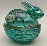 Bunny - Covered Easter Rabbit Dish - Decorated - American Made - Mosser Glass USA (Teal Carnival Handpainted)