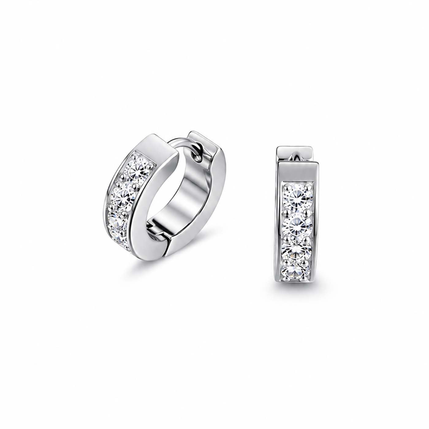 (1 Pair) Unisex Stainless Steel Silver-Tone Crystal Huggie Hoop Bali Earrings for Men & Women | Cubic Zirconia Hoop Earrings | Lightweight Hinged Click Closure | Elegant Daily Wear Jewelry-image-48