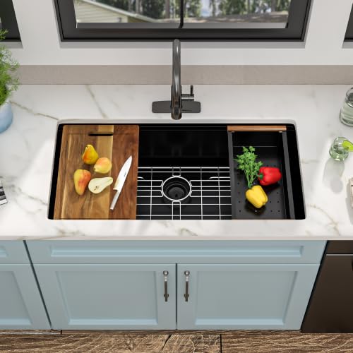 Image of 36 inchx19 inch Matte Black Undermount Kitchen Sink Workstation | 16 Gauge T304 Stainless Steel, Nano-PVD Black Finish, Under Counter with Integrated Ledge, Round Corners, Single Bowl Basin
