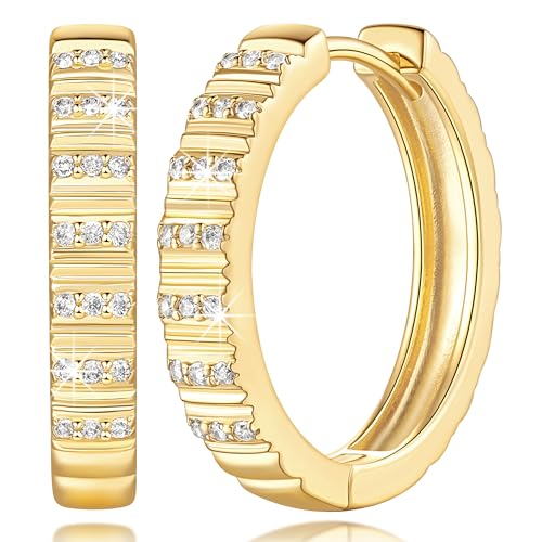 SPOINT Gold Earrings for Women 14K Gold Hoop Earrings for Women Cubic Zirconia Hoop Earring for Womens Hoops Textured Surface with Raised Stripes Wedding Hoops Earring for Women 22mm