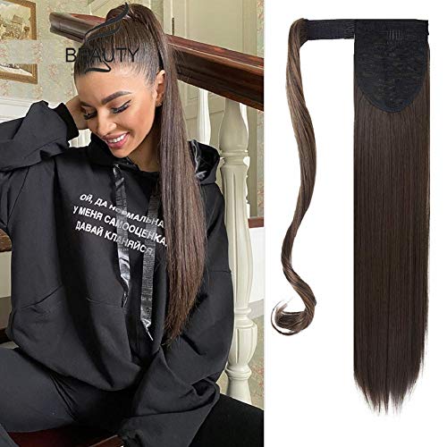 Long Straight Ponytail Extension 24 inch Clip in Human Hair,Magic Paste Wrap Around Ponytail Hair Extensions,Synthetic Fiber Hair for Women