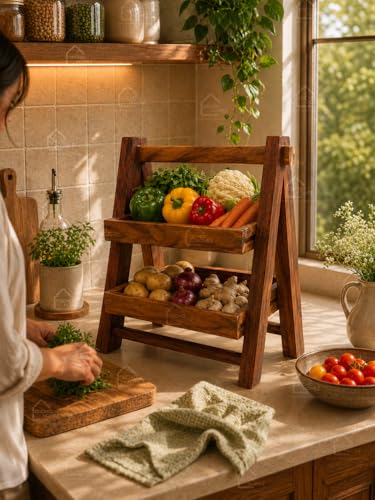 Image of Solid Wood 2-Tier Kitchen Organizer | Acacia Wood Vegetable & Fruit Storage Rack | Onion & Potato Basket Stand | Pre-Assembled