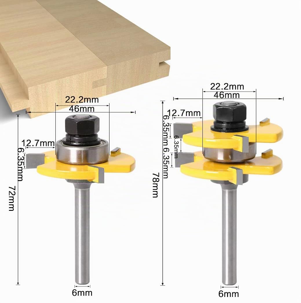 APLUS 6MM Queue Langue Appariée et Fraise de Rainure Set 3 Dents Forme T Cutter en Bois de Coupe Outil de Travail du Bois (6MM)