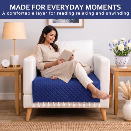 Image of BSB HOME 300 TC Premium Sofa Cover, Quilted Sofa Seat Cover with Decorative Tassels, Soft Comfortable Couch Protector, Stylish Furniture Cover for Living Room, 30 x 24 Inches (76 x 61cm) - Powder Blue