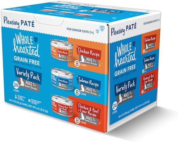 WholeHearted Grain Free Senior Wet Cat Food Pate Variety Pack 3 oz. 24 Count.
