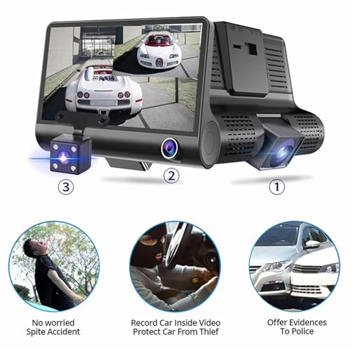 Image of Drumstone ๐๐-๐๐๐๐ซ ๐๐๐ซ๐ซ๐๐ง๐ญ๐ฒ - 3 Channel Dash Cam 1080P | Front, Inside, Rear Cam for Cars with Low Light, G-Sensor, 170 View, Loop Record, Park Mode | ๐๐๐ซ๐๐๐๐ญ ๐๐ข๐๐ญ for Drivers